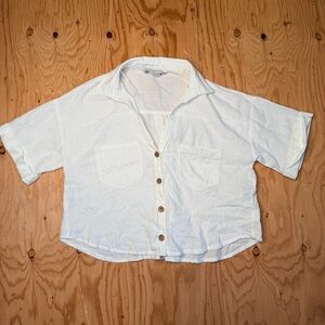 Zara White Linen Blend Cropped Boxy Button Down Shirt Size M